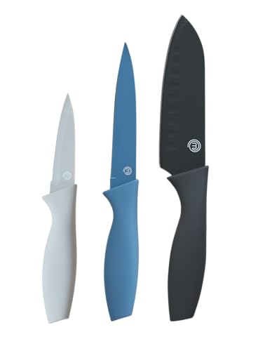 MasterChef Messerset, Küchenmesser Set ink. Kochmesser, Gemüsemesser & Schälmesser, Scharfe Messer Edelstahl, Antihaftbeschichtete, Soft-Touch-Griffe, Blau, 3-teilig von MasterChef