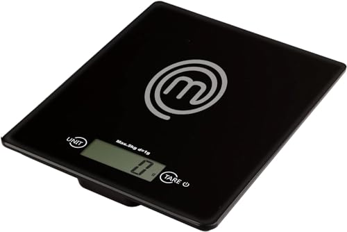 MasterChef Küchenwaage Digital, Waage zum Kochen und Backen, Kitchen Scale Klein für Gramm & Unzen (5kg-Grenze), Touch-Bedienung & Abschaltautomatik, Einscheibensicherheitsglas, Schwarz von The Great British Bake Off
