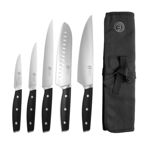 MasterChef Kochmesser Set mit Messertasche/Rolltasche, Küchen Messerset ink. Kochmesser, Santokumesser, Gemüsemesser, Schälmesser & Schneidemesser, 5-teilig, Edelstahl mit hohem Kohlenstoffgehalt von MasterChef