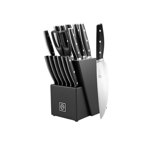 MasterChef Messerblock mit Kochmesser Profi, Küchenmesser set ink. Kochmesser, Brotmesser, Steakmesser, Santokumesser, Gemüsemesser Schere und Schärfer, 15-Teilig, Hochkohlenstoffstahl, Superscharf von MasterChef