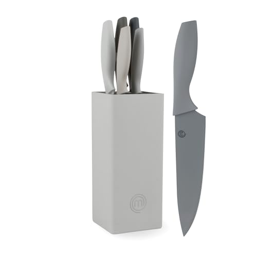 MasterChef Messerblock mit Messer, Kuchenmesser Set mit Santokumesser, Brotmesser, Kochmesser, Gemüsemesser und Allzweckmesser, Edelstahl, Scharfes, 5-teilig, Schwarz, Soft-Touch-Griffe von MasterChef