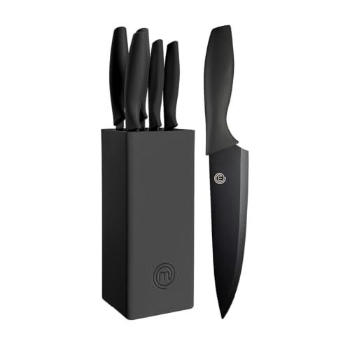 MasterChef Messerblock mit Messer Kuchenmesser Set mit Santokumesser, Brotmesser, Kochmesser, Gemüsemesser und Allzweckmesser, Edelstahl, Scharfes, 5-teilig, Schwarz, Soft-Touch-Griffe von MasterChef