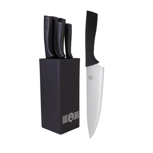 MasterChef Messerblock mit Messer Kuchenmesser Set mit Santokumesser, Brotmesser, Kochmesser, Gemüsemesser und Allzweckmesser, Edelstahl, Scharfes, 5-teilig, Soft-Touch-Griffe von MasterChef