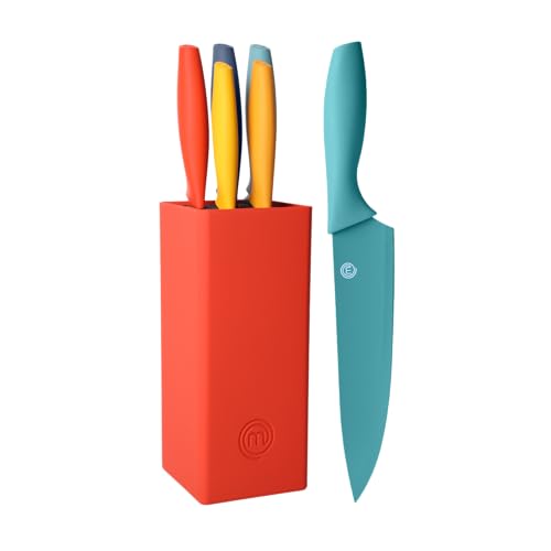 MasterChef Messerblock mit Messer Kuchenmesser Set mit Santokumesser, Brotmesser, Kochmesser, Gemüsemesser und Allzweckmesser, Edelstahl, Scharfes, Multicolor, 5-teilig, Edelstahl von MasterChef