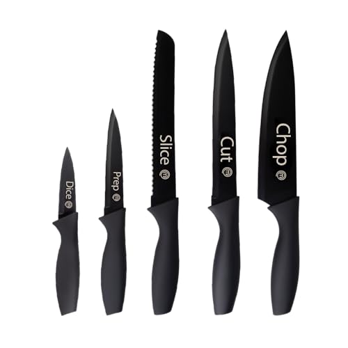 MasterChef Messerset, Küchenmesser Set ink. Kochmesser, Gemüsemesser, Schälmesser, Schneidemesser & Brotmesser, Scharfe Messer Edelstahl, Antihaftbeschichtete, Soft-Touch-Griffe, 5-teilig, Schwarz von MasterChef