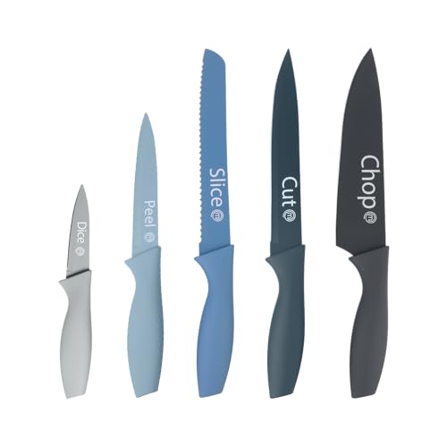 MasterChef Messerset, Küchenmesser Set ink. Kochmesser, Gemüsemesser, Schälmesser, Schneidemesser & Brotmesser, Scharfe Messer Edelstahl, Antihaftbeschichtete, Soft-Touch-Griffe, 5-teilig, Blau von MasterChef