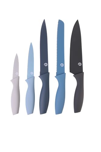 MasterChef Messerset, Küchenmesser Set ink. Kochmesser, Gemüsemesser, Schälmesser, Schneidemesser & Brotmesser, Scharfe Messer Edelstahl, Antihaftbeschichtete, Soft-Touch-Griffe, 5-teilig, Blau von MasterChef