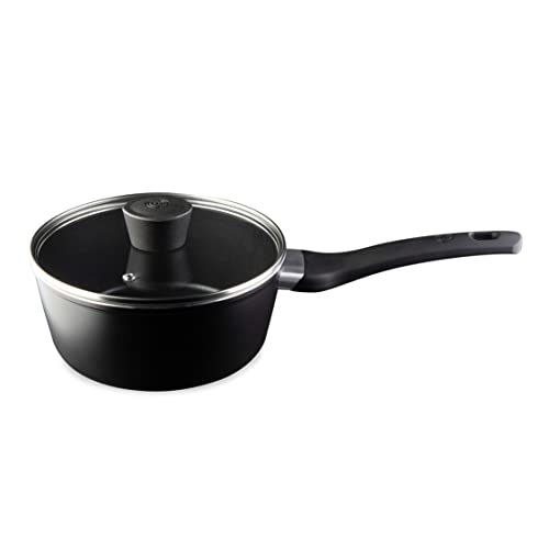 MasterChef Saucentopf mit Glasdeckel, 20cm Induktionskochtöpfe, Nudeltopf, Suppentopf, Schwarz Aluminium-Kochtopf, Beschichtet, Topf Induktion, Pfannen für alle Herdarten geeignet, Kratzfest, Aluminum von MasterChef