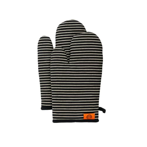 MasterChef Topflappen Handschuh Ofenhandschuhe Hitzebestaendig, 100% Baumwolle, Backofenhandschuhe Perfekt zum Kochen, Backen, mit Aufhängeschlaufe & Logo, Grau, Elite Kolletion von MasterChef