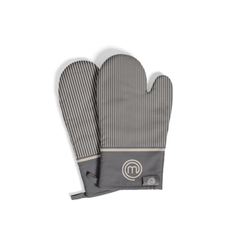 Masterchef Topflappen Handschuh Ofenhandschuhe Hitzebestaendig, 100% Baumwolle, Backofenhandschuhe Perfekt zum Kochen, Backen, mit Aufhängeschlaufe & Logo, Grau, Erde Kolletion von MasterChef