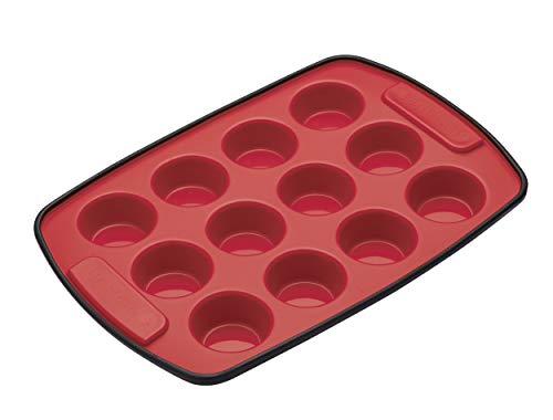 MasterClass „Smart“ Silikon-Mini-Muffin/Cupcake-Backblech mit 12 Mulden, 29 x 20 cm, Rot/schwarz, 12 x 17 x 22 cm von KitchenCraft