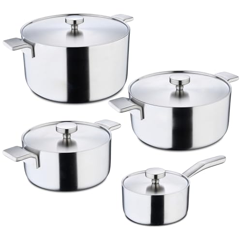 MasterPRO Alessi - Set mit 3 Pfannen von 20, 24 und 28cm und 4 Deckeln von 16, 20, 24 und 28cm - Hergestellt aus Edelstahl - Ergonomische Griffe - Mit Induktionsboden - Leicht zu reinigen von MasterPRO