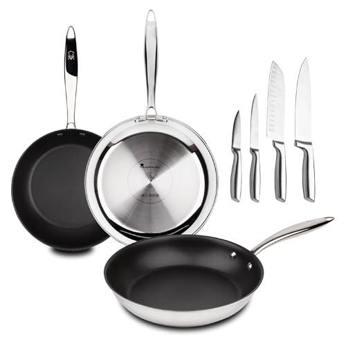 MasterPRO Argent 3 - Pfannen- und Messerset - Drei Hochleistungs-Edelstahlpfannen 28, 24 und 20 cm - Set mit 4 Edelstahlmessern, mattierte Oberfläche und sicherer Griff von MasterPRO