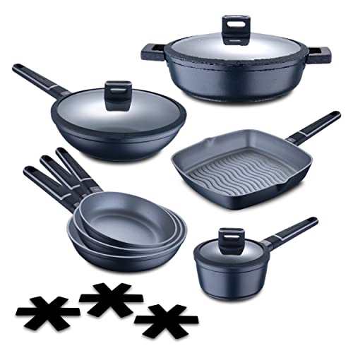 MasterPRO Indigo | 10-teiliges Set | 3 Bratpfannen 20, 24 und 26 cm, Stielkasserolle 16 cm, Niedrige Stielkasserolle 28 cm, Grillpfanne 28 cm und Wok 28 cm | aus Aluminiumguss | Induktion | Schwarz von MasterPRO