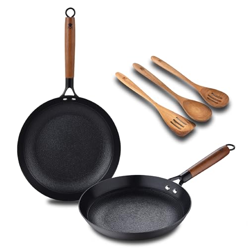 MasterPRO ODIN - Kochset: 24cm & 28cm Bratpfanne-3 Utensilien-Hochwertiges Gusseisen - Antihaftbeschichtung aus Keramik - Griffe aus Akazienholz - Für alle Herdarten geeignet-PFAS-frei-PFAS-frei von MasterPRO