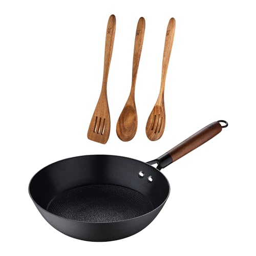 MasterPRO Odin - 4 -Stück -Spiel - Wok 24 cm aus gepresster Eisen + 1 Turner mit Schläfen - 1 Solid Löffel - 1 Löffel mit Schlitzen - leicht zu waschen von MasterPRO