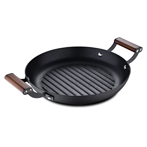 MasterPRO Odín - Grillpfanne, Rundes Design 28 cm, Aus Gepresstem Eisen, Hoche Wärmespeicherkapazität, Mit Keramische Antihaftbeschichtung, Ergonomischer Akazienholzgriff, Für Alle Herdarten von MasterPRO