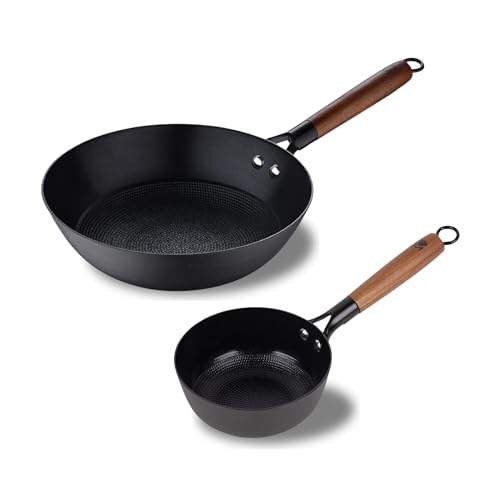 MasterPRO Odín | Stielkasserolle 16 cm und Wok 24 cm | Aus Gepresstem Eisen | Ergonomischer Akazienholzgriff | Küchenutensilien | Für Alle Herdarten von MasterPRO