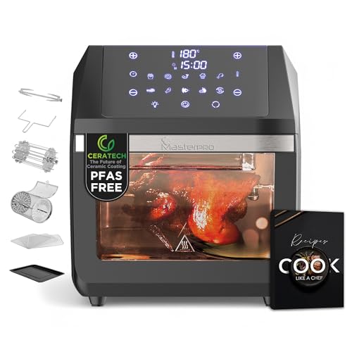 MasterPRO ROCKET 1100 - PFAS-Freie 11L Heißluftfritteuse & Minibackofen 1800W mit CERATECH Keramik-Beschichtung- 10 Programme & Temperaturkontrolle - Mit Drehkorb, Grill, Dörrgerät und Aufnahmehilfe von MasterPRO