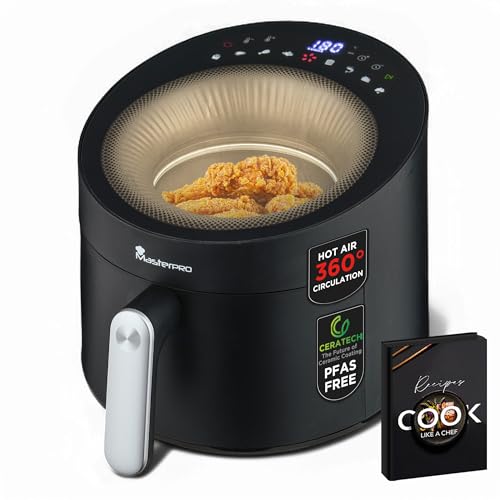 MasterPRO Rocket Cyclone 500 | Heißluftfritteuse mit Panorama Sichtfenster und 360°-Zirkulation | 100% PFAS-frei | 5L Fassungsvermögen | 1500 W Leistung | Digitalanzeige | Extra schnelle Zirkulation von MasterPRO