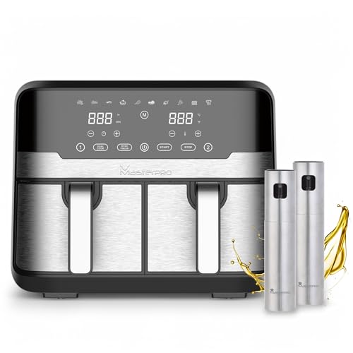 MasterPRO Rocket Duo 900-9 Liter 2400w Doppel-Luftfritteuse - Zeit und Temperaturkontrolle - Digitalanzeige - Aluminiumkörbe - Luftfritteuse mit Backpapier - 2x Ölsprüher - Schwarz von MasterPRO