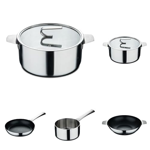 MasterPRO SIGMA - Edelstahl Kochgeschirr Set | PFAS Frei | Bratpfanne 24x4,5 | Kochtopf mit Deckel 20cm + 24cm | Schmorpfanne 28cm | Stielkasserole 16cm | Antihaftbeschichtung von MasterPRO