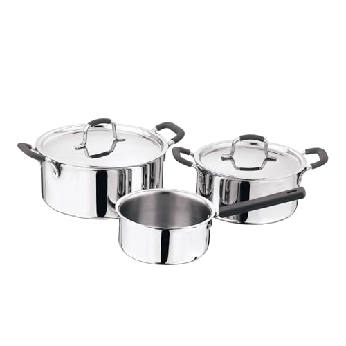 MasterPRO - Set mit 5 dreifachen Pfannen - 1 Kasserolle 16 cm - 1 Kochtopf mit Deckel 20 cm - 1 Kochtopf mit Deckel 24 cm - Kochtopf mit Silikongriff - Deckel aus Edelstahl von MasterPRO