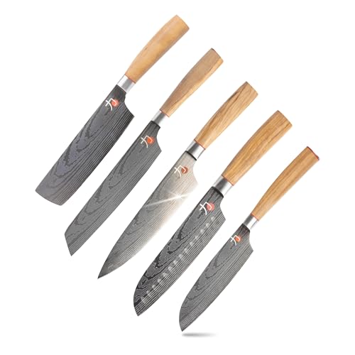 MasterPRO Tetsu : Küchenmesser : Komplettes Set mit 5 japanischen Messern : Perfekt zum Schneiden aller Arten von Lebensmitteln : Professionelle Küche : Griffe aus Olivenholz von MasterPRO