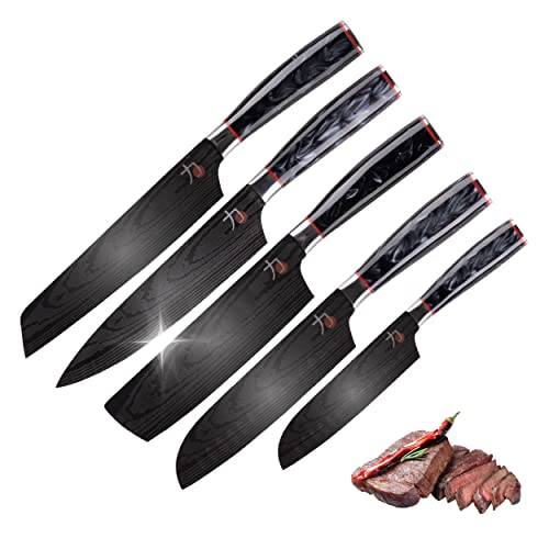 MasterPRO Tetsu | Küchenmesser | Komplettset mit 5 japanischen Messern | Geeignet zum Schneiden aller Arten von Lebensmitteln | Professionelle Küche | Stabilisiert, Gewichtet und Titanbeschichtet von MasterPRO