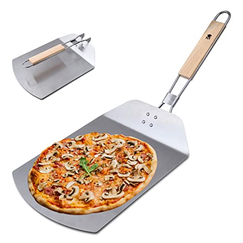 MasterPro Foodies | Pizzaschieber | Pizzaschieber aus Edelstahl | Abmessungen 57,8 x 24,3 x 3,4 cm | Gummihandgriff in Holzfarbe | Entnimmt Ihre Pizzen Zuverlässig und Sicher aus dem Backofen von MasterPRO