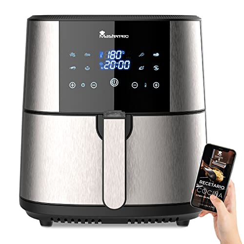 MasterPro Foodies - Fritteuse Ohne Öl, AirFryer XXL, 6L Fassungsvermögen und 1800W Leistung, 90% weniger Fett, Touchscreen-LED-Display und Antihaft-Korb, 8 Kochprograme, Grau von MasterPRO