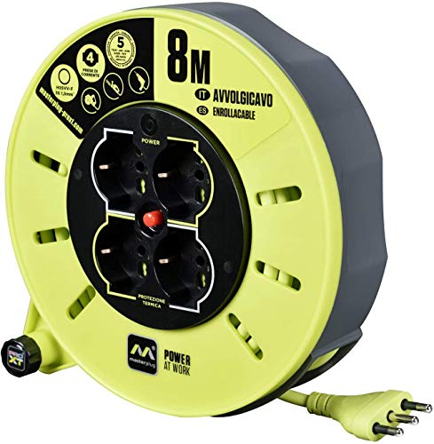 Masterplug CMIT08164L-PX Kabeltrommel 8 Meter, 4 Universalsteckdosen prolivalent: Bipass, EU, Schuko, Verlängerungskabel 16 A, LED-Anzeige, Kabel für hohe Sichtbarkeit, Gelb (Lime), 8m von Masterplug