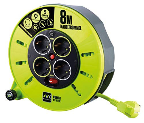 Masterplug Pro-XT Kabeltrommel Verlängerungskabel mit 4 Steckdosen, Wickelkurbel, Thermoschutz und Netzschalter, 8 Meter gut sichtbares Kabel von Masterplug