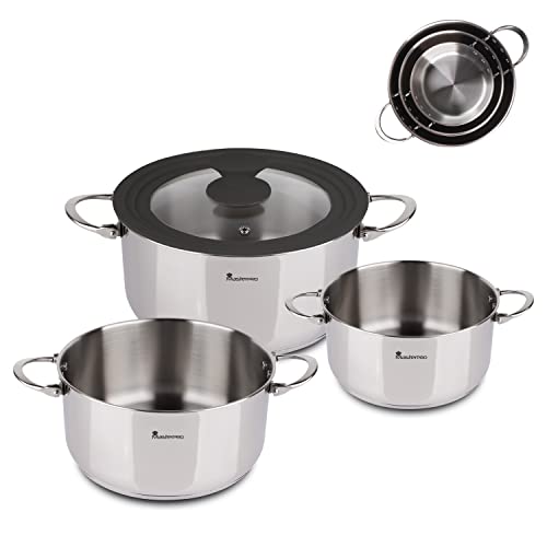 MasterPro Foodies | Topfset | 4-Teiliges Set mit 16, 20 und 24 cm Töpfen und Glasdeckel | Aus Edelstahl | Kochtopf Set | Geeignet für Alle Herdarten von MasterPRO