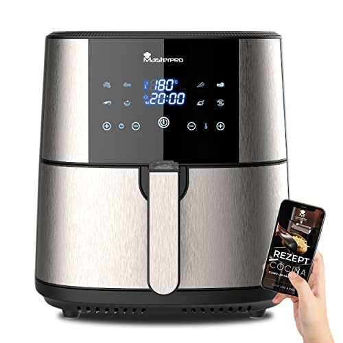 MasterPro Foodies - Fritteuse Ohne Öl, AirFryer XXL, 6L Fassungsvermögen und 1800W Leistung, 90% weniger Fett, Touchscreen-LED-Display und Antihaft-Korb, 8 Kochprograme, Grau von MasterPRO