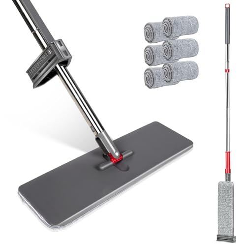 Flachmopp mit Auswringfunktion,Masthome Bodenwischer Set mit 147cm Edelstahlgriff, Wischmopp Set mit 6 Mikrofaser Wischpads,Wischer Boden für Hartholz Laminat Fliesen Bodenreinigung,Grau von Masthome