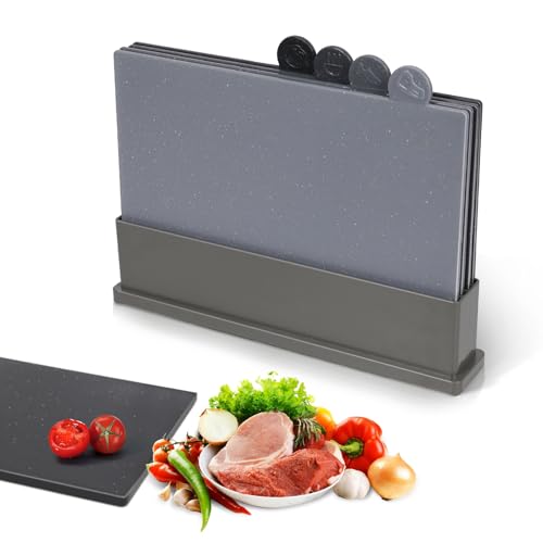 Masthome Schneidebrett Set, Schneidebretter Kunststoff Set mit Ständer,4 Stück Küche Schneidebrett Set für Obst, Gemüse, Fleisch, Spülmaschinenfest und BPA-frei von Masthome