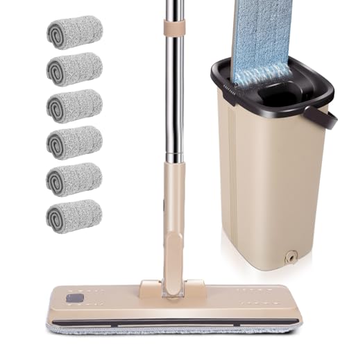 Masthome Bodenwischer mit Eimer Set, Putzeimer und Flacher Mopp Set mit Langem Griff aus Edelstahl und 6 Mikrofaser Wischpads,Flacher Wischer mit Auswringfunktion für Alle Böden-Braun von Masthome