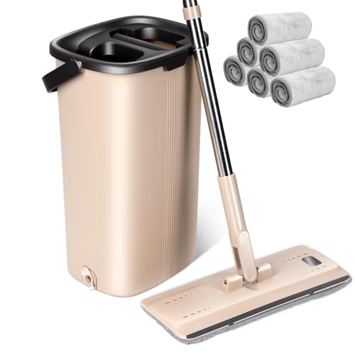 Masthome Bodenwischer mit Eimer Set, Wischmopp Set Eimer mit 6 Mikrofaser Pads, Putzeimer mit Wischmop mit Einstellbar Edelstahlgriff, Wischer Boden für Alle Bodentypen Bodenreinigung von Masthome