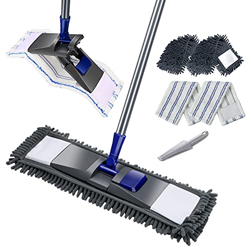 Masthome Flach Bodenwischer Set, 128 cm Chenille Flach Wischmopp mit 4 Wischpads, Wischer Set für Schnelle Reinigung Bodenreinigung, Send Scraping Dust Tool - Blau von Masthome