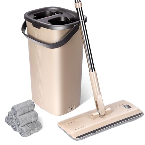 Wischmopp Set mit Eimer, Masthome Bodenwischer Set mit Einstellbar Edelstahlgriff, Putzeimer mit Wischmop mit 6 Mikrofaser Wischpads, Putzset mit Bodenwischer für Alle Bodentypen Bodenreinigung von Masthome