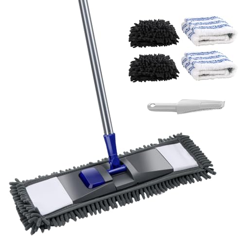 Masthome Wischmopp,Bodenwischer Set mit 4 Wischpads,Chenille Flachmopp mit 128cm Griff,Mikrofaser Wischmop, Wischer Boden für Hartholz, Laminat, Fliesenboden, Senden 1 Schaber von Masthome