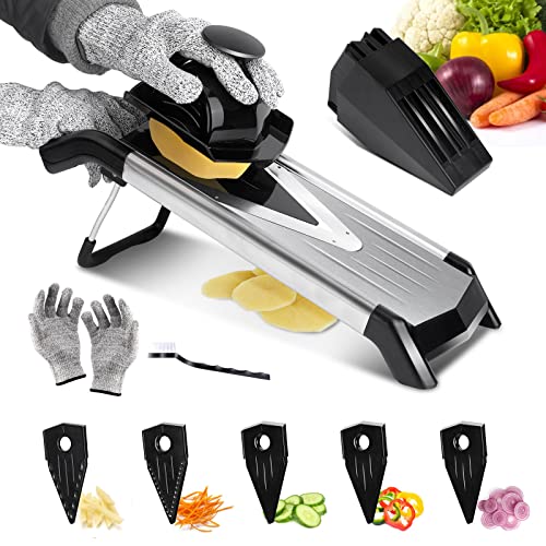 Masthome Mandoline Gemüseschneider,V Klinge Vegetable Chopper aus Edelstahl,5 in 1 Multifunktion Küchenreibe für Gemüse und Obst,Senden Reinigungsbürste und Handschuhe von Masthome