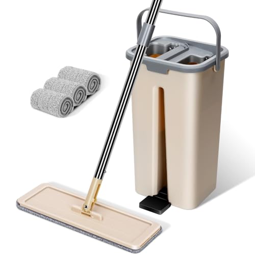 Masthome Wischmopp Set mit Eimer,2 in 1 Putzeimer mit Wischmop, Bodenwischer Set mit 3 Mikrofaser Wischpads, Wischer mit Auswringfunktion,Flachmopp Set für Laminat Hartholz Fliesen & Hartböden von Masthome