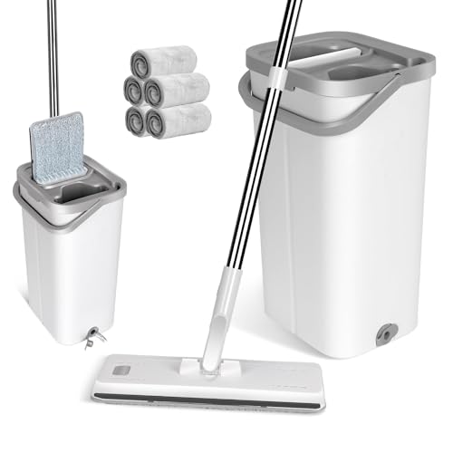 Masthome Wischmopp Set mit Eimer,140cm Edelstahl Griff Wischmop und Putzeimer Set,Bodenwischer mit 5 Mikrofaser Pads, Wischer Boden mit Auswringfunktion für Alle Böden von Masthome
