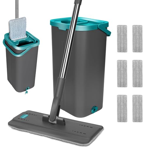 Wischmopp Set mit Eimer,Masthome Bodenwischer Set mit 6 Mikrofaser Wischpads, 2 In 1 Edelstahl Griff Putzeimer mit Wischmop für Bodenreinigung, Holzböden, Laminat, Fliesen, Grau+Grün von Masthome