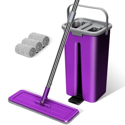 Masthome Wischmopp Set mit Eimer,Flacher Bodenwischer Set und Eimer,3 Mikrofaser Moppkopf, Putzeimer Set mit Edelstahl Griff,Wischer mit Auswringfunktion,Wischer Boden für Bodenreinigung von Masthome
