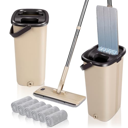 Masthome Wischmopp Set mit Eimer,Bodenwischer Set mit Eimer, 138cm Wischmopp mit Auswringfunktion, 6 Wischpads,Mikrofaser Flacher Mopp aus Einstellbar Edelstahlgriff für Alle Bodentypen Bodenreinigung von Masthome