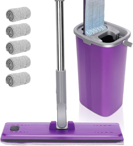 Masthome Wischmopp Set mit Eimer,Wischer mit Auswringfunktion und 138CM Edelstahl Griff,Bodenwischer Set mit 5 Mikrofaser Pads,Putzeimer mit Wischmop,Floor Mop Set für Bodenreinigung-Violett von Masthome