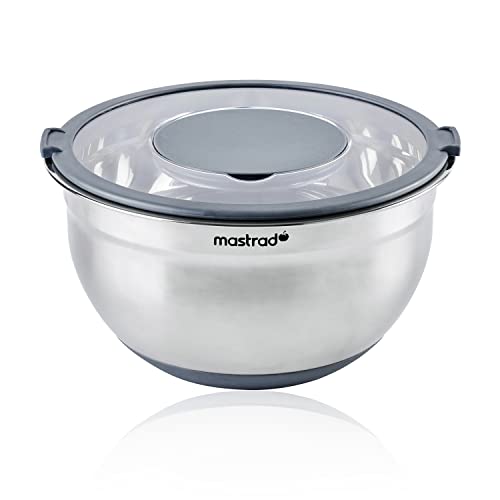 Mastrad Stahl-Rührschüssel rostfrei- Salatschüssel mit durchsichtigem Deckel und Griffen - zum Mischen, Backen, Zubereiten, Lagern und Servieren von Zutaten - spülmaschinengeeignet, 3L von mastrad